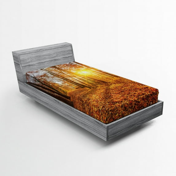 Ambesonne Nature Fitted Sheet, Foggy Sunset Sunbeams, Twin XL Size, Orange Brown Yellow
