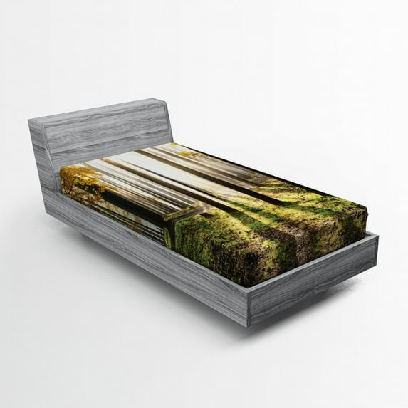Forest Fitted Sheet, Landscape Sunrise in the Forest Leaves in Seasonal Woodland Scenery Photo, Soft Decorative Fabric Bedding, Twin XL Size, Yellow Green Brown, by Ambesonne