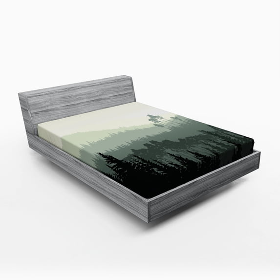 Forest Fitted Sheet, Panorama of a Valley and Mystic Forest of Pine Trees Natureme, Soft Decorative Fabric Bedding, Full Size, Eggshell and Sage Green, by Ambesonne