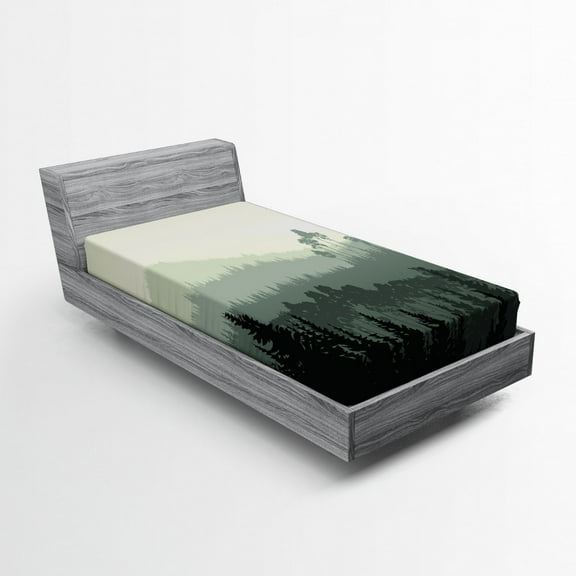 Forest Fitted Sheet, Panorama of a Valley and Mystic Forest of Pine Trees Natureme, Soft Decorative Fabric Bedding, Twin Size, Eggshell and Sage Green, by Ambesonne
