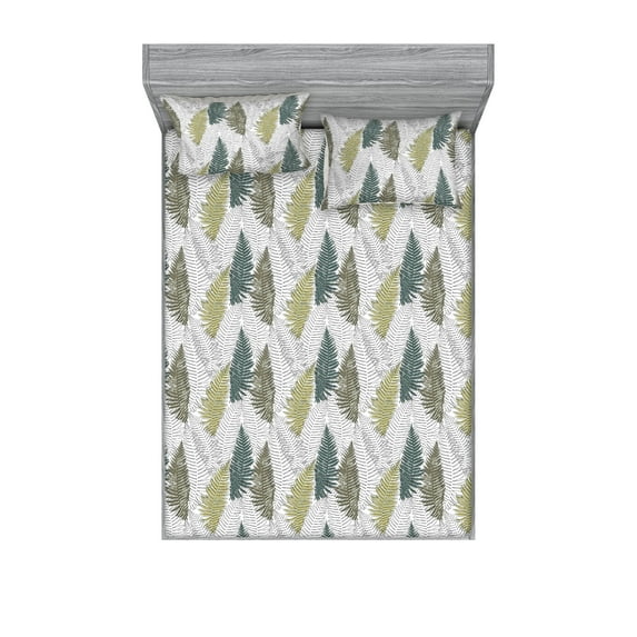 Forest Fitted Sheet & Pillow Sham Set, Botanical Minimalist Drawing Tree Leaves on Plain Background Print, Decorative Printed 3 Piece Bedding Decor, Queen, Khaki White and Hunter Green, by Ambesonne