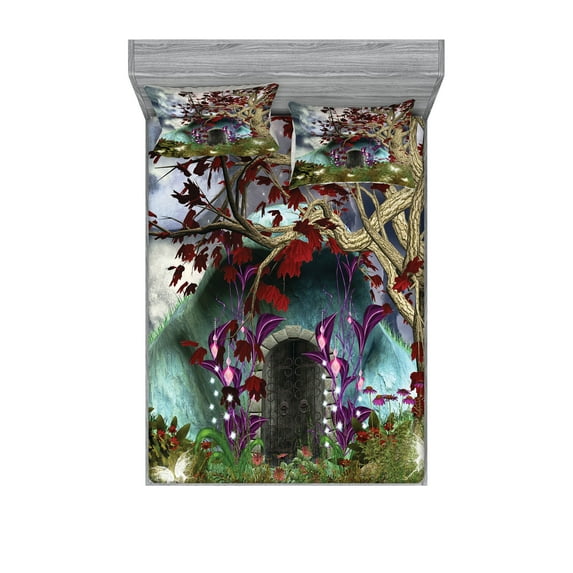 Forest Fitted Sheet & Pillow Sham Set, Dark Gothic Themed Scene with Magic Tree and Secret Cave Moon Illustration, Decorative Printed 6 Piece Bedding Decor Set, Calking, Multicolor, by Ambesonne