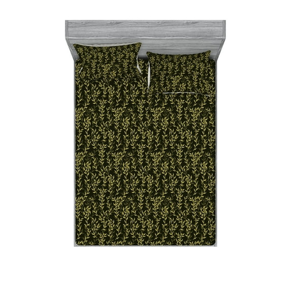 Forest Fitted Sheet & Pillow Sham Set, Minimal Botanical Branches with Leaves Abstract Modern Garden Print, Decorative Printed 3 Piece Bedding Decor, Queen, Pale Green and Evergreen, by Ambesonne