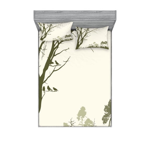 Forest Fitted Sheet & Pillow Sham Set, Nature Theme the Panorama of a Forest Pattern Birds on Tree Branches Print, Decorative Printed 6 Piece Bedding Decor Set, Queen, Olive Green Cream, by Ambesonne
