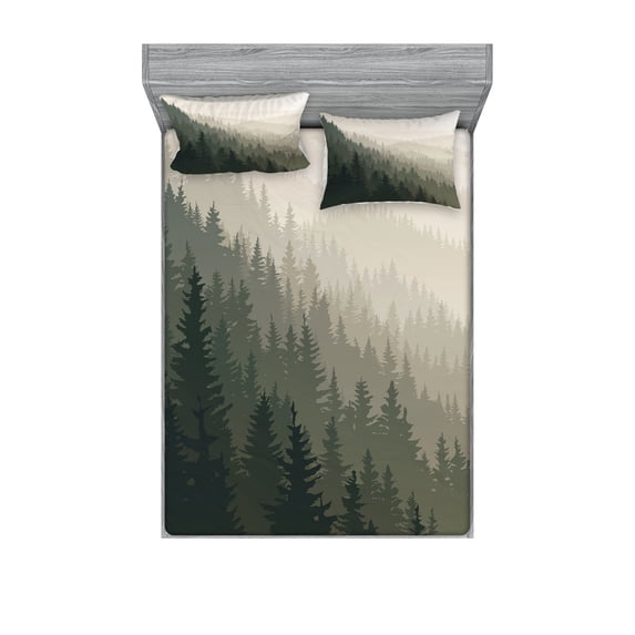 Forest Fitted Sheet & Pillow Sham Set, Northern Parts of the World Coniferous Trees Scandinavian Woodland, Decorative Printed 6 Piece Bedding Decor Set, Full, Cream Tan Dark Green, by Ambesonne
