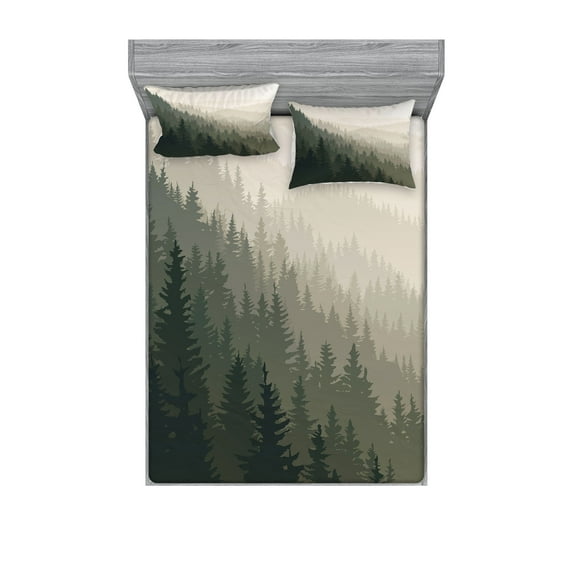 Forest Fitted Sheet & Pillow Sham Set, Northern Parts of the World Coniferous Trees Scandinavian Woodland, Decorative Printed 6 Piece Bedding Decor Set, King, Cream Tan Dark Green, by Ambesonne