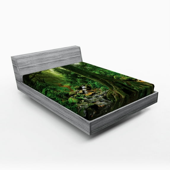 Forest Fitted Sheet, Rain Forest Scenery with River in the North Forest in the Early Morning Humid Fog Print, Soft Decorative Fabric Bedding, Queen Size, Green, by Ambesonne