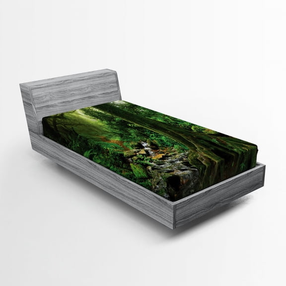 Forest Fitted Sheet, Rain Forest Scenery with River in the North Forest in the Early Morning Humid Fog Print, Soft Decorative Fabric Bedding, Twin Size, Green, by Ambesonne
