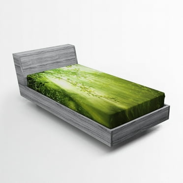 Forest Fitted Sheet, Rays of Sun Deep Dark in the Forest in Foliage with Effects Scenic Image Print, Soft Decorative Fabric Bedding, Twin Size, Green, by Ambesonne