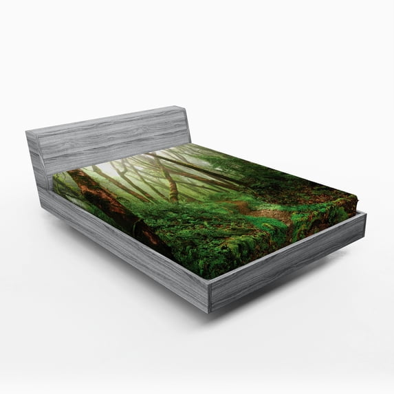 Forest Fitted Sheet Spooky Tropical Exotic Fog Jungle in Rainforest Nepal Climate Picture Print, Soft Decorative Fabric Bedding, Green Brown, by Ambesonne