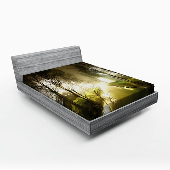 Ambesonne Forest Fitted Sheet, Water Channel Foggy City, Queen Size, White Green Brown