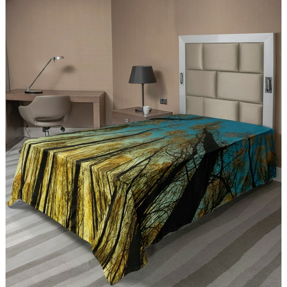 Ambesonne Forest Flat Sheet, Trees Sunrise Pastoral, Twin Size, Yellow Blue Black