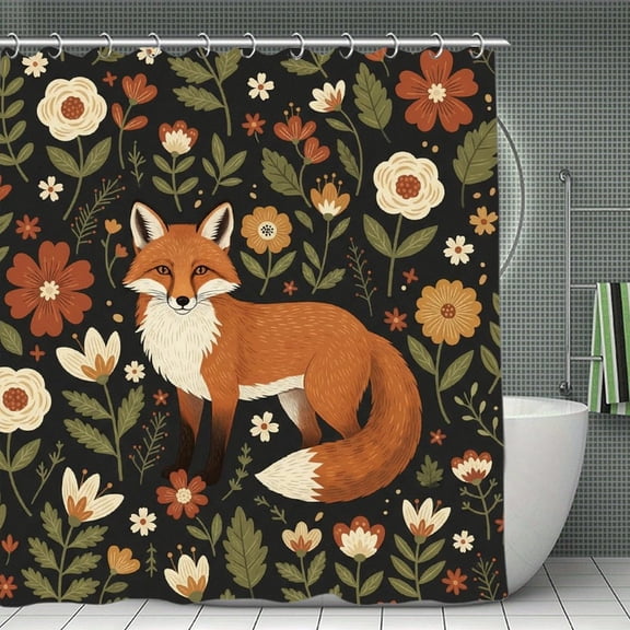 Forest Floral Flowers Leaves Cute Fox Print Shower Curtain,Modern Fabric Waterproof Shower Curtain Set with Hooks 70.8×70.8Inch (180×180cm)