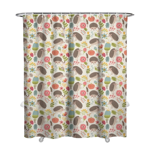 Forest Floral Hedgehog Shower Curtain Waterproof Machine Washable 72" x 84" Aesthetic Cartoon Pattern with 12 Hooks