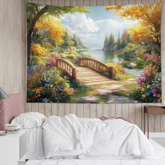 Forest Floral Tapestry Wall Hanging Yellow Green Tree and Colorful Wildflower Wall Tapestry for Bedroom Aesthetic Nature Landscape River Tapestry for Living Room College Dorm Decor,60x40 inch