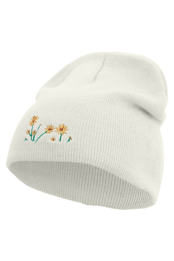 Forest Flowers Embroidered 8 inch Acrylic Short beanie - White OSFM