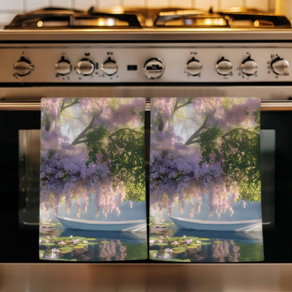 Forest Flowers Kitchen Towels Set of 1, Pink Green Oil Painting Lake Boat Cabin Absorbent Dish Towels for Kitchen, Microfiber Hand Towel, Quick Drying Tea Towel for Cleaning Decorative Dishcloths