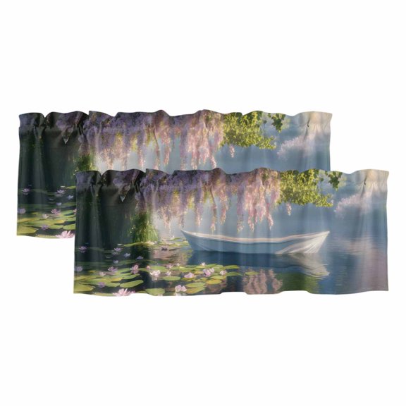 Forest Flowers Valances for Windows, Decorative Rod Pocket Window Valance Curtains, Pink Green Oil Painting Lake Boat Cabin Short Curtain Drapes for Kitchen/Living Room, 2 Panels, 54" W x 18" L