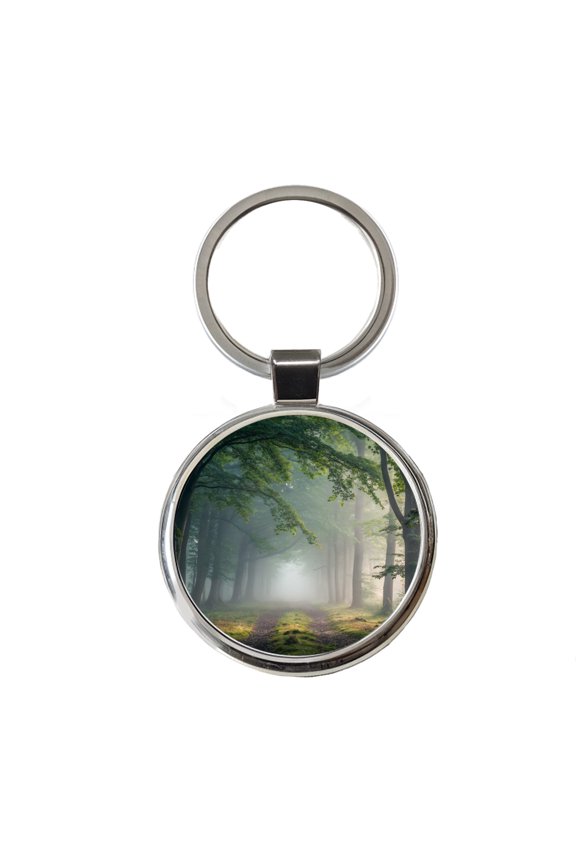 Forest Fog Morning Trail Metal Round Keychain
