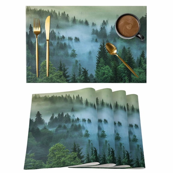 Forest Fog Placemats Set&nbsp;of&nbsp;8 Landscapes Pine Trees Modern Heat Insulation Washable Place Mats, Non-Slip Table Mats for Dining Table Party Kitchen Decor,13x19 Inch