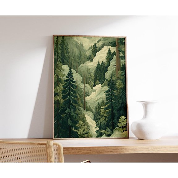Forest Fog Poster | Misty Pine Trees Wall Art | Green Woodland Landscape Print, Poster Only