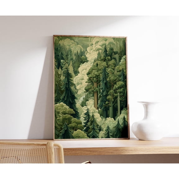 Forest Fog Poster | Misty Pine Trees Wall Art | Green Woodland Landscape Print, Poster Only