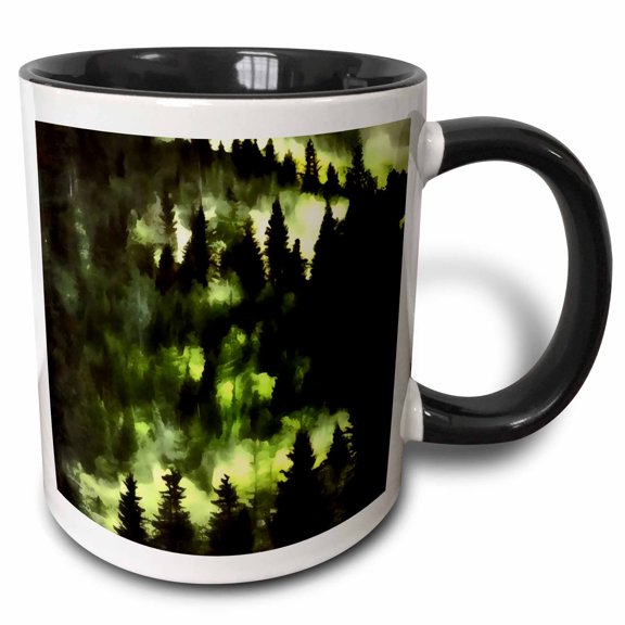 3drose, Forest Fog Woodland Landscape Painting, 15oz Two-tone Black Mug