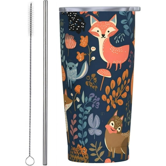 Forest Fox 20 oz Tumbler with Lids and Straws Stainless Steel Vacuum Coffee Mug for Car Home Office Outdoor Travel