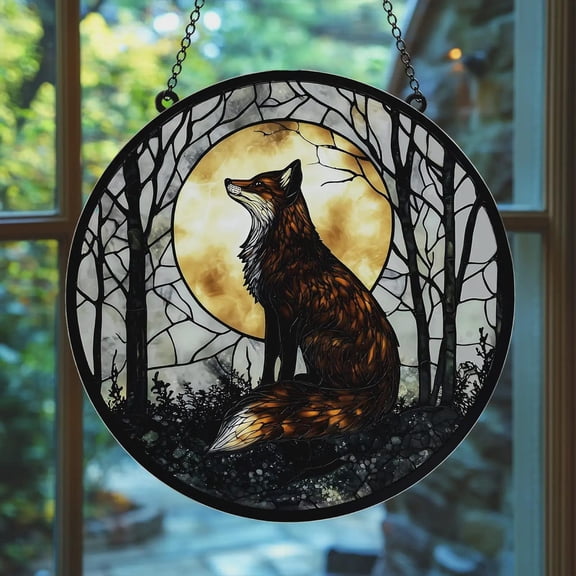 Forest Fox Acrylic Suncatcher - Faux Stained Glass Window Hanging With Moon And Trees