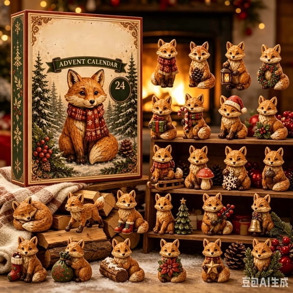 Forest Fox Advent Calendar, 24 Day Christmas Countdown with Mini Winter Fox Figurines, Holiday Desktop Collectible Gift