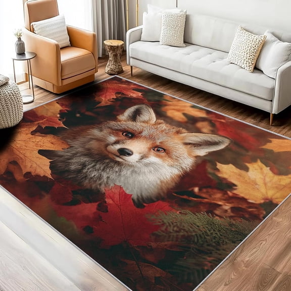 Forest Fox Animal Area Rugs, Woodland Wildlife Carpet, Washable Non Slip Low Pile Soft Rug for Bedroom Living Room Decor Mat 5ftx8ft