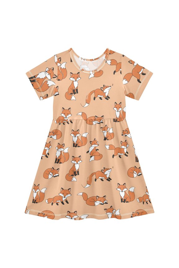Forest Fox Animal Girls Short Sleeve Dress A Line Sun Protection Breathable Comfort Sundress 3T