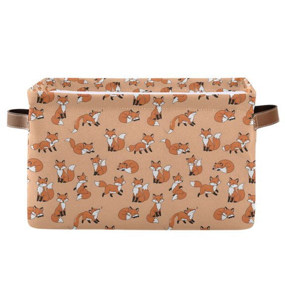 Forest Fox Animal Storage Basket Canvas Waterproof PE Lining PU Leather Handles Collapsible 14.2x10.2x8.3in