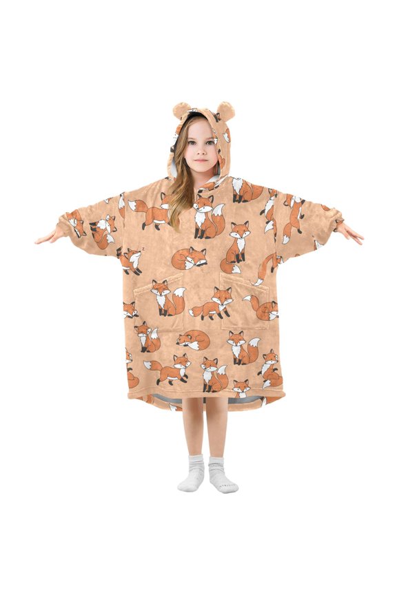 Forest Fox Animal Wearable Blanket Hoodie Oversized Flannel Soft Warm Cozy 3-14 Age Small