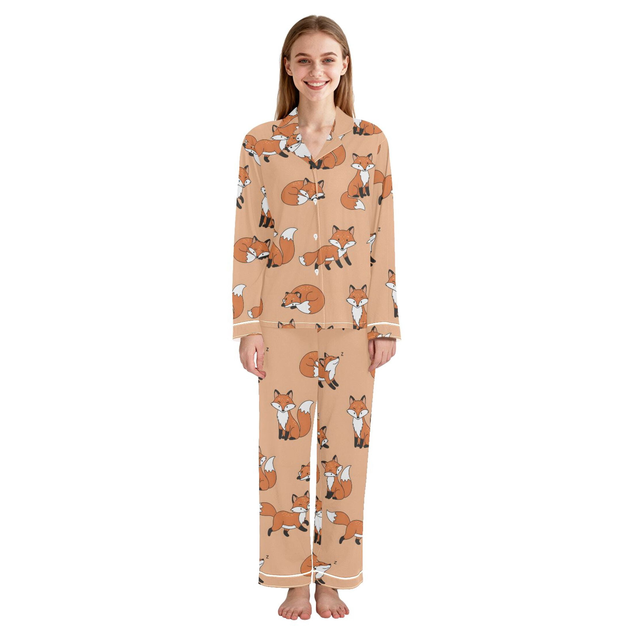 Forest Fox Animal Women Pajama Set Soft Notch Collar Button Down Long ...
