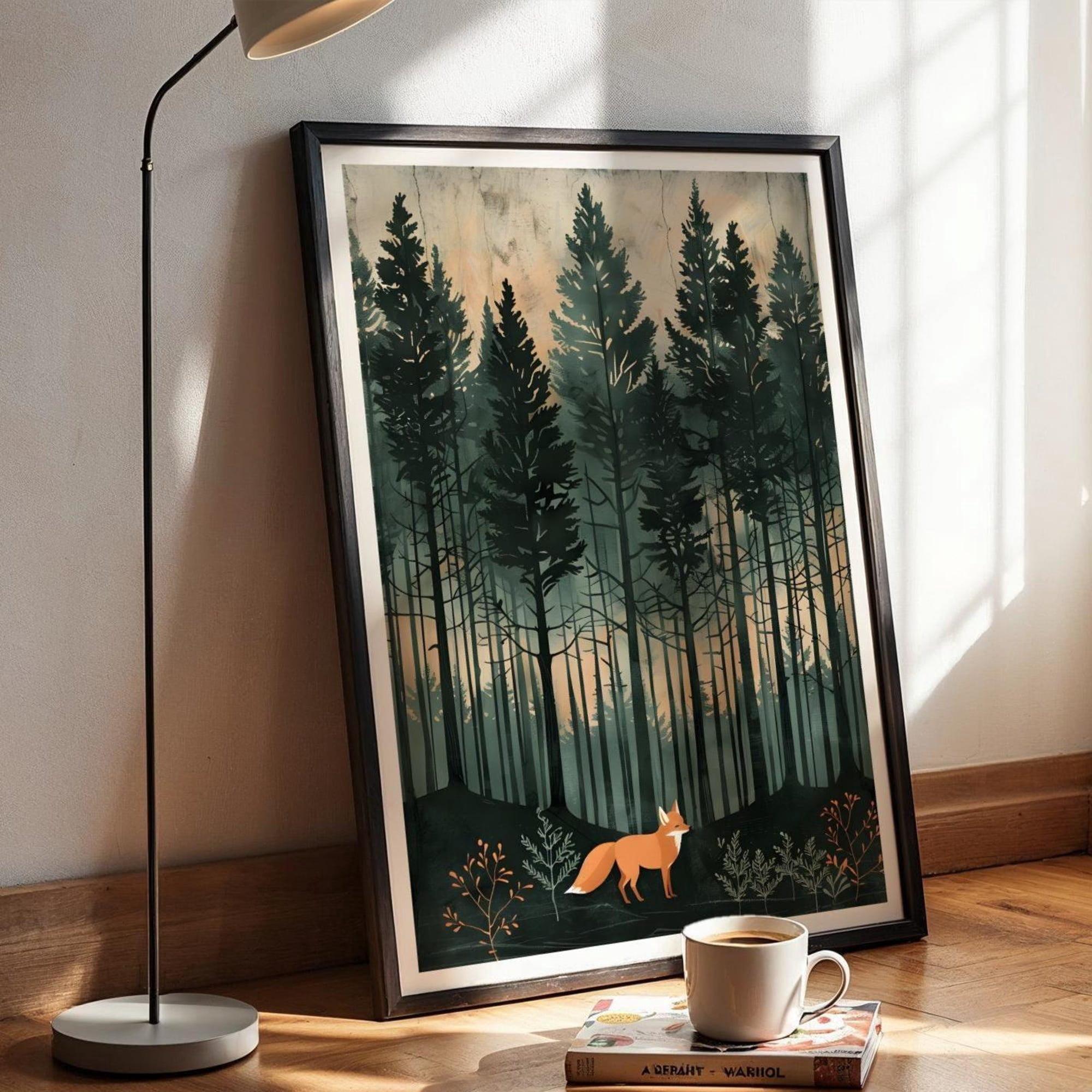 Forest Fox Art Print, Moody Pine Trees Poster, Woodblock Nature ...