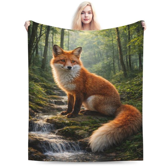 Forest Fox Blanket, Woodland Wildlife Throw, Rustic Nature Stream Fleece Blanket for Fall Thanksgiving Cabin Home Decor Gift 60x50