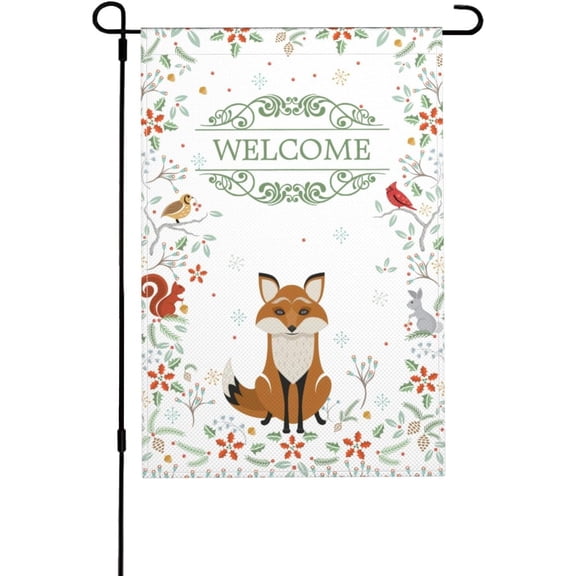 Forest Fox Double-Sided Rustic Linen Garden Flag, Animal Outdoor Decor, 12 x 18 Inch, White