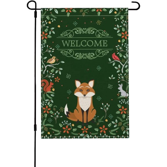 Forest Fox Double-Sided Rustic Linen Welcome Garden Flag, Charming Animal Outdoor Decor, 12x18 Inch, Holly Green