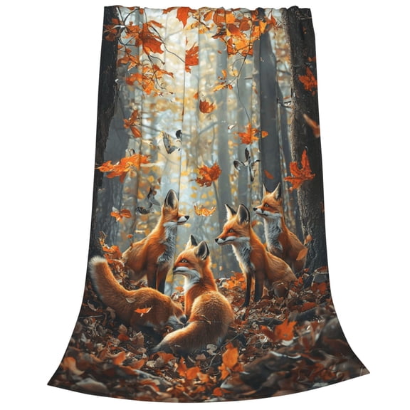 Forest Fox Flannel Throw Blanket, Soft, Warm, Durable Nature Blanket, for Bed, Couch & Travel, Machine Washable 50×40in, Fox Gathering & Leaves