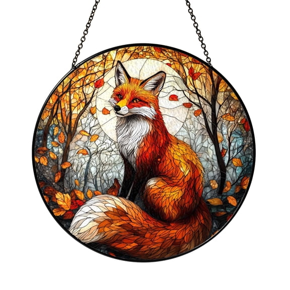 Forest Fox Stained Glass Style Suncatcher, Fantasy Fox Window Hanging Art Decor, Woodland Animal Autumn Theme Design, Decorative Window Light Catcher for Home