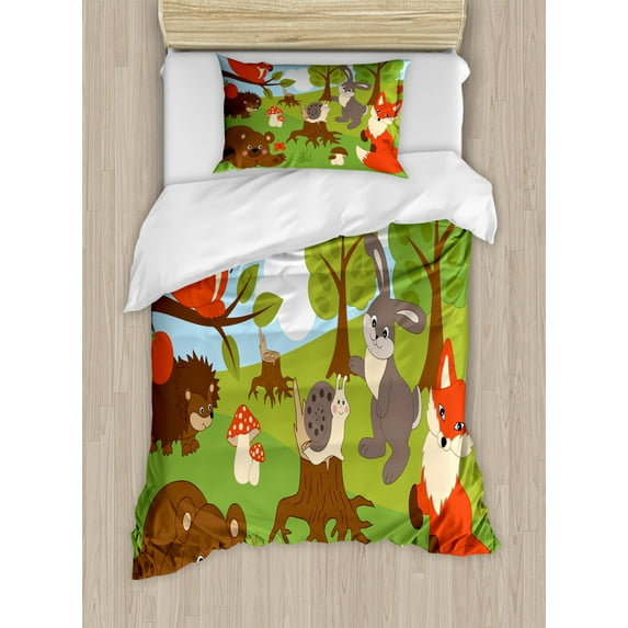 Forest Friends Duvet Cover Set Twin Size, Woodland Animals Cartoon with Fox Rabbit Bear Hedgehog Snail and Squirrel, Decorative 2 Piece Bedding Set with 1 Pillow Sham, Multicolor, by Ambesonne
