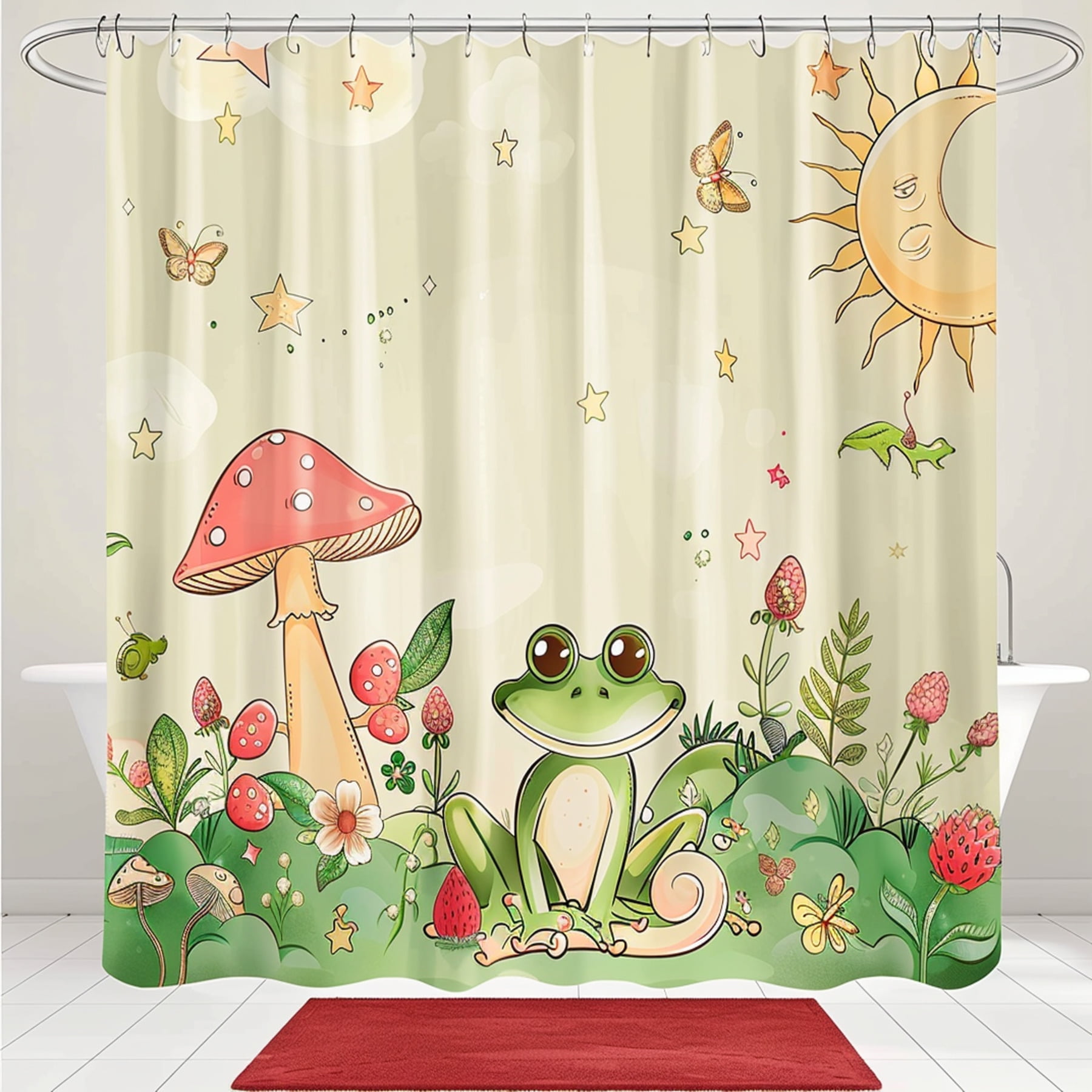 Forest Friends Kids Cartoon Shower Curtain Set Pastel Colors Beige