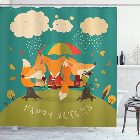 Forest Friends Shower Curtain, Cute Foxes Enjoying the Rain under Umbrella Happy Autumn in Cartoon Design, Fabric Bathroom Set with Hooks, 69W X 84L Inches Extra Long, Multicolor, by Ambesonne