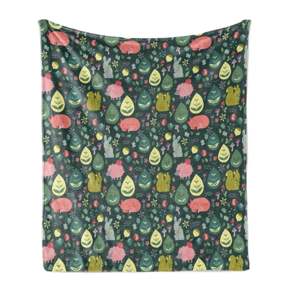 Forest Friends Soft Flannel Fleece Throw Blanket, Abstract Animal Composition with Bunny Hedgehog Fox Squirrel and Flowers, Cozy Plush for Indoor and Outdoor Use, 50" x 60", Multicolor, by Ambesonne