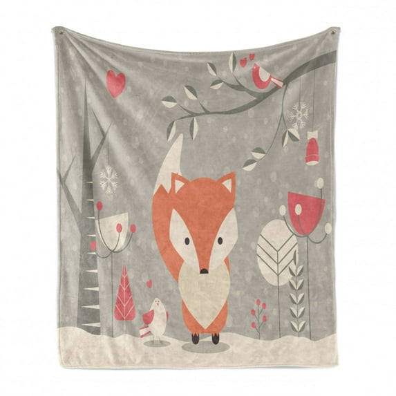 Forest Friends Soft Flannel Fleece Throw Blanket, Abstract Winter Graphic with Fox and Botanical Items, Cozy Plush for Indoor and Outdoor Use, 70" x 90", Dust Salmon, by Ambesonne