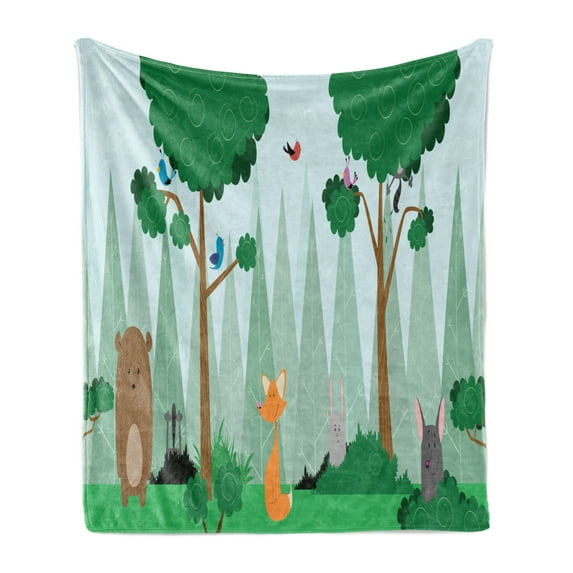 Forest Friends Soft Flannel Fleece Throw Blanket, Children Cartoon of Bear Birds Fox Wold Bunny in Woods with Trees Print, Cozy Plush for Indoor and Outdoor Use, 60" x 80", Multicolor, by Ambesonne