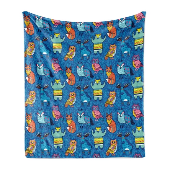Forest Friends Soft Flannel Fleece Throw Blanket, Themed Cartoon Pattern with Ornamental Animals, Cozy Plush for Indoor and Outdoor Use, 50" x 70", Cobalt Blue Multicolor, by Ambesonne