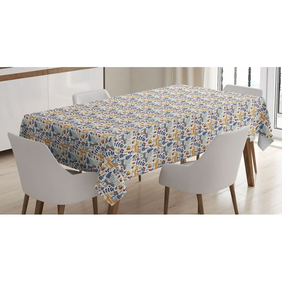 Forest Friends Tablecloth, Continuous Pattern of Botanical Elements and Animals, Rectangle Satin Table Cover Accent for Dining Room and Kitchen, 60" X 84", Multicolor, by Ambesonne