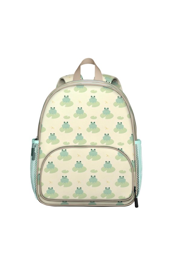 Forest Frog Student Backpack – Cute Green Frog Cartoon Print With Nature Plant Mushroom Pattern